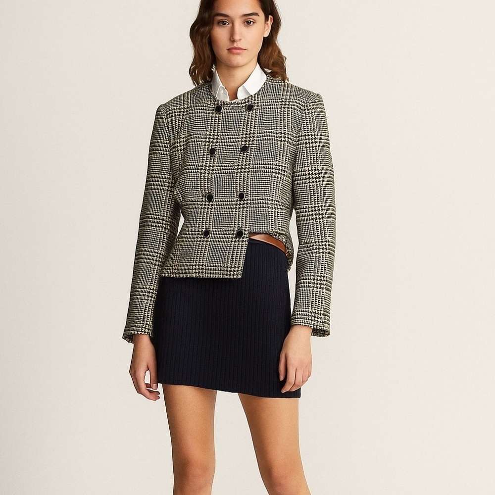 Vintage 90s wool blend black and tan plaid double breasted blazer lady jacket. 8